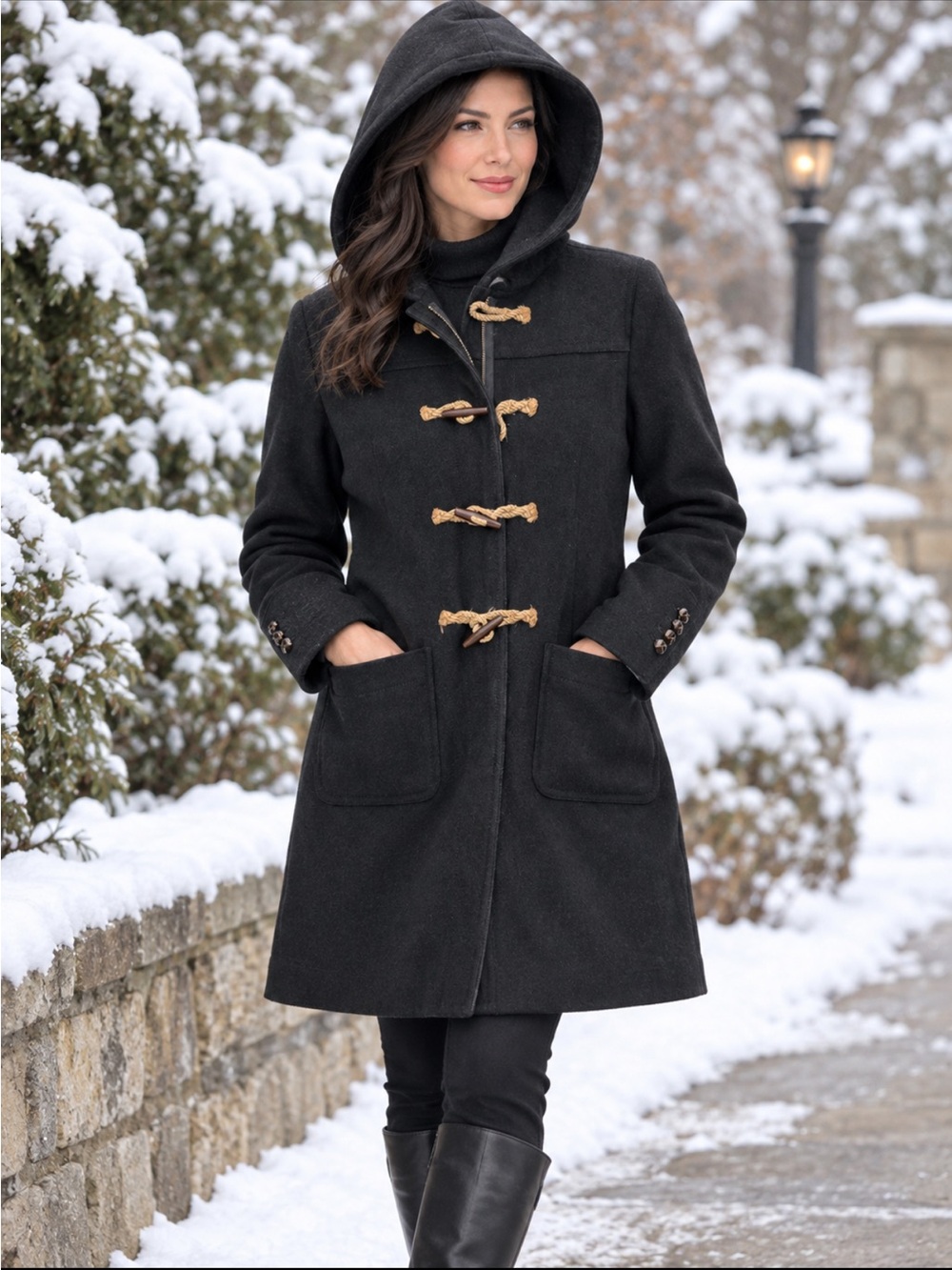 J Crew Women’s 16 Black Wool Cashmere Toggle Stadium Duffle Coat Hooded Jacket